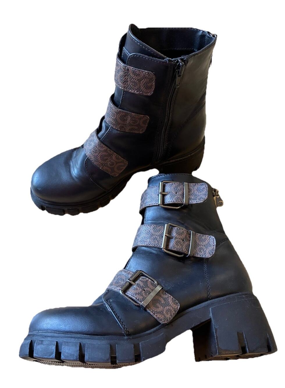 Y2K Guess chunky heel Combat Boot grunge military 90s LOGO GB Adalia Black Sz 7
